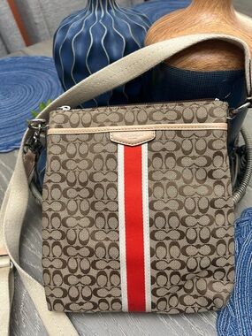 Coach Signature Canvas Crossbody Bag in Brown with Red Stripe
